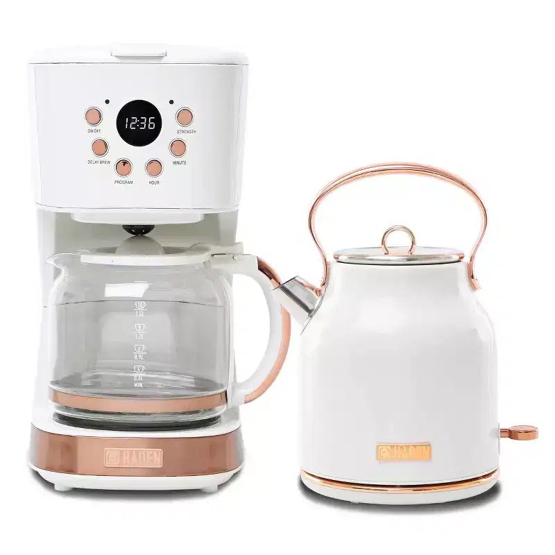 Haden Coffee Machine, 12 Cup Drip Coffee Maker Bundled with Heritage 1.7 Liter Stainless Steel Electric Kettle, Ivory  Copper
