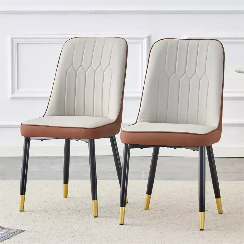 Set of 2 Brown Leather Dining Chairs with Gold Metal Legs, Modern Upholstered Kitchen/Restaurant Chairs