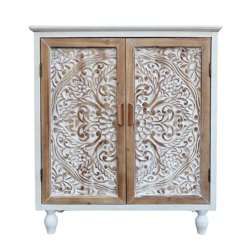 Vintage Free-Standing Buffet Cabinet with 2 Carved Doors,Brown and White, 34.5  H - 31.3 x 14.2 x 34.5