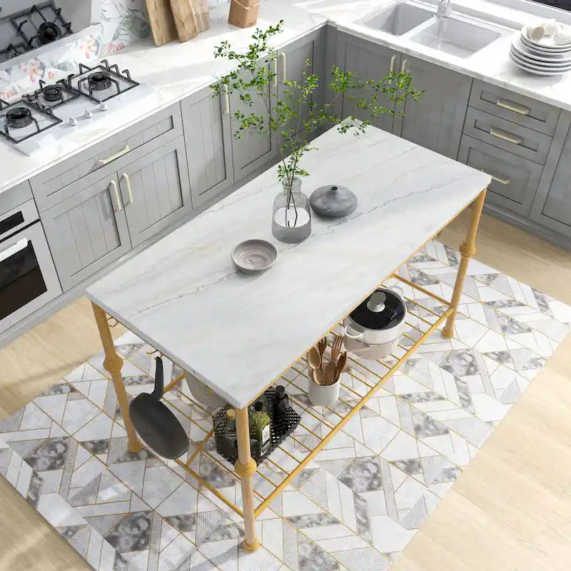 Avya Contemporary White and Gold 58-inch Wide Marble Top Kitchen Island by Furniture of America