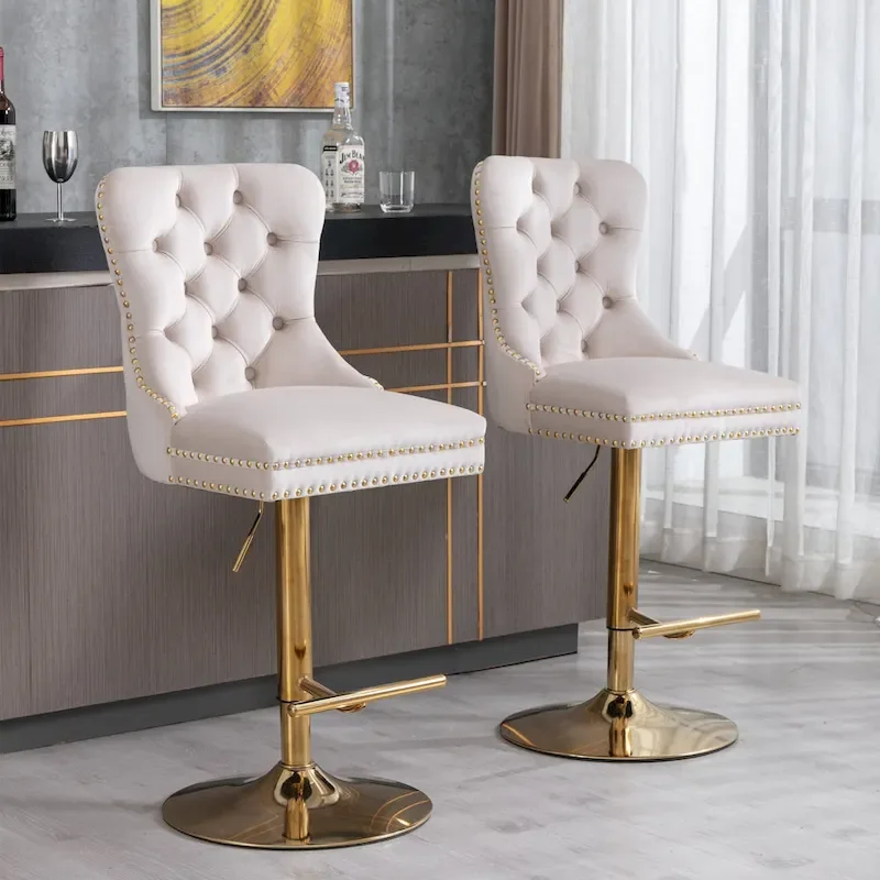 Thick Gold Velvet Swivel Bar Stool Adjustable Height Backrest