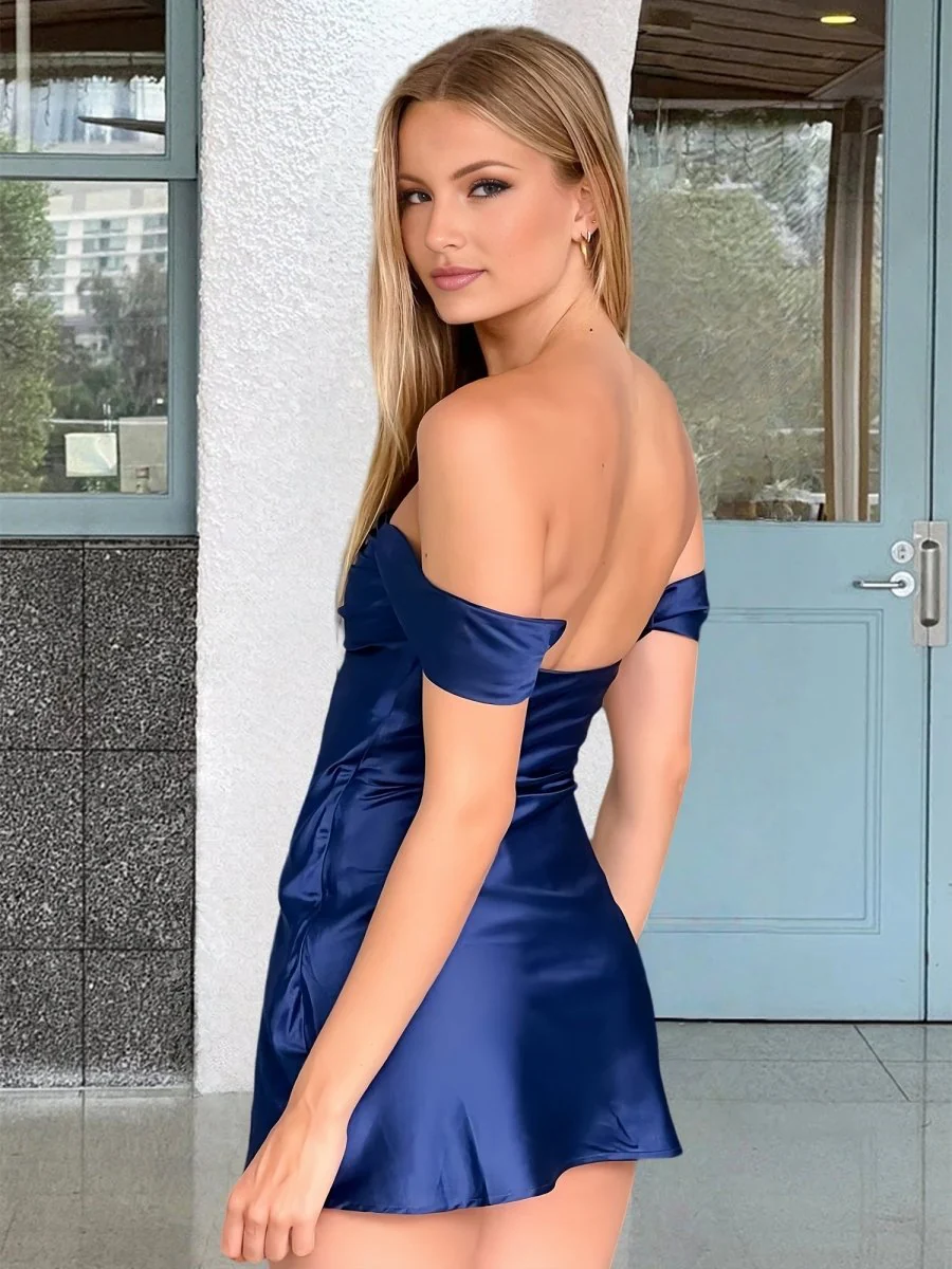 Navy Blue - Off The Shoulder A Line Satin Short Homecoming Dress
