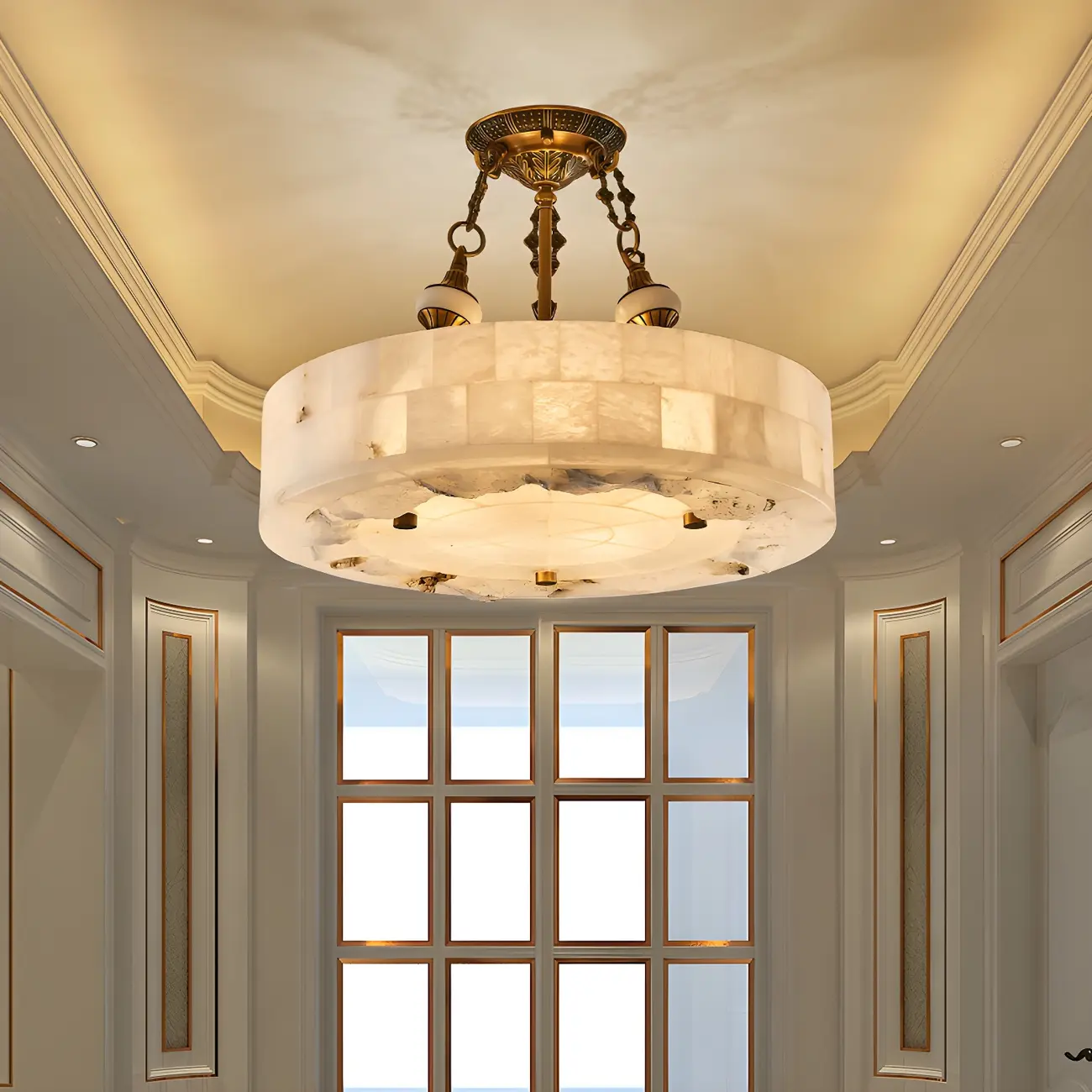Luxurious Gold Alabaster Cylindrical Chandelier