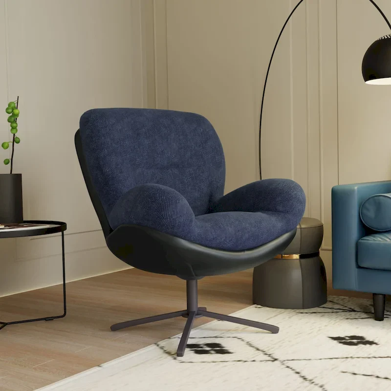 Black & Navy Blue 360° Swivel Accent Chair, Chenille & Faux Leather, Single Seat
