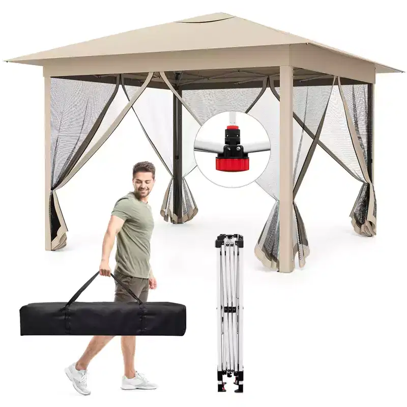 Costway 11.5 X 11.5 FT Easy Pop-up Canopy with Mesh Screen Netting, Air Vent, 4 Doors, Bag Beige/Brown