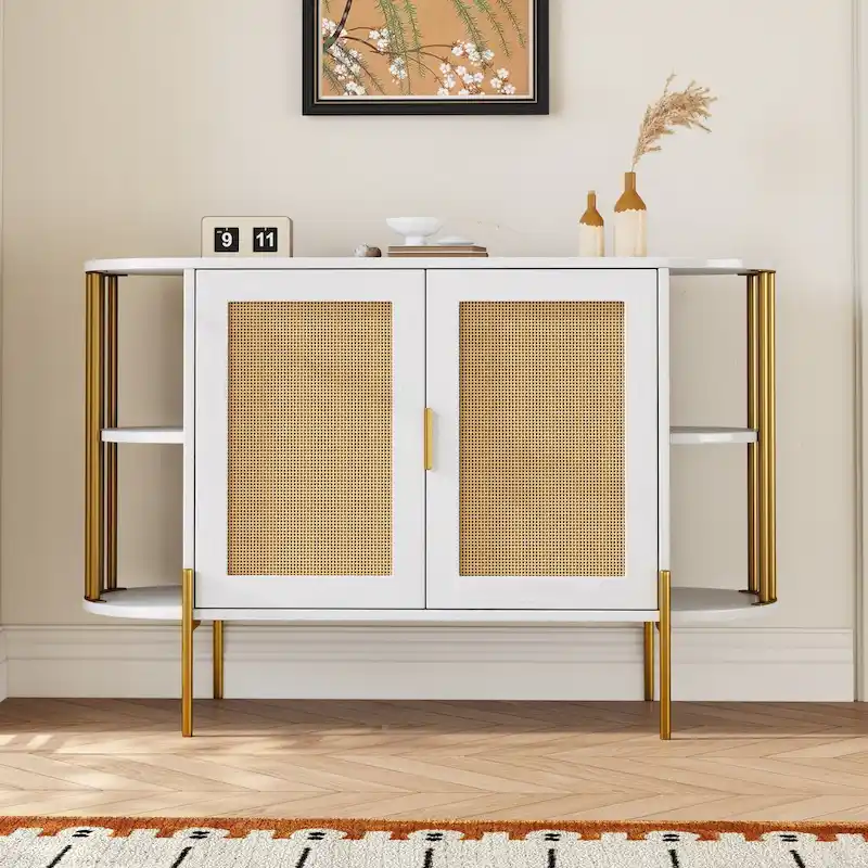 White / Dark Gray / Black / Natural Curved Sideboard with Rattan Doors & Gold Legs, 1-Person Assembly