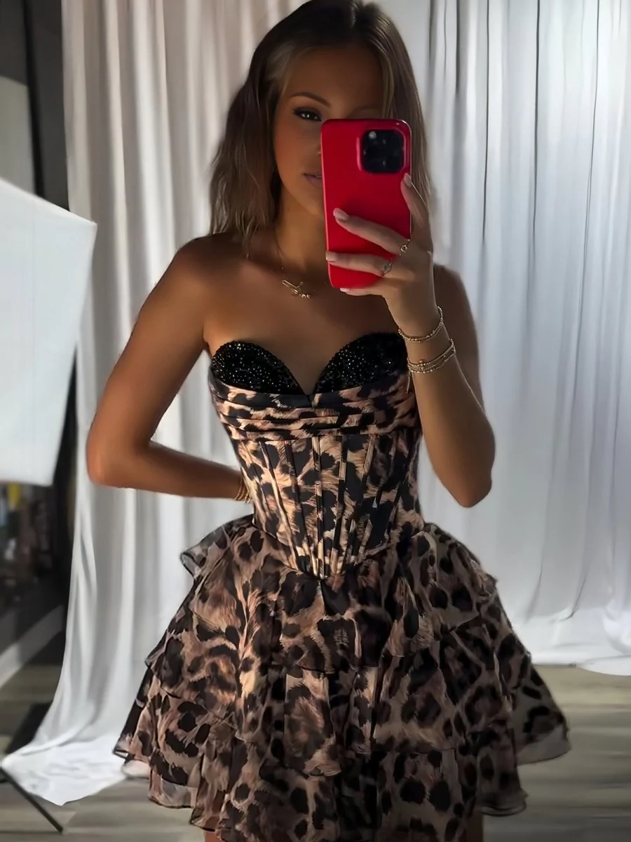 Leopard - Strapless Leopard Print Chiffon A Line Homecoming Dress With Beading