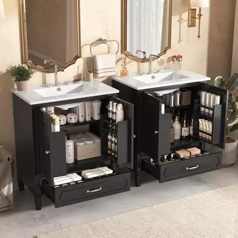 60 Wood Bathroom Vanity Sink Combo Set, Bathroom Storage Cabinet with Double Sink, Large Bathroom Cabinets Freestanding with Drawer