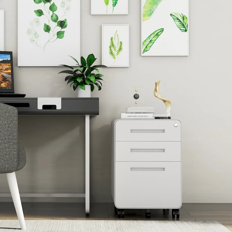 White / Black / Grey / Blue Steel 3-Drawer Mobile Filing Cabinet with Lock & 5 Casters – Single