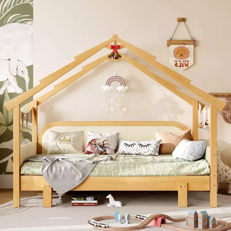 JVNOXK Twin Size Wood Treehouse bed with Soft Cushion Rails,for Kids, Teens, Girls, Boys,White