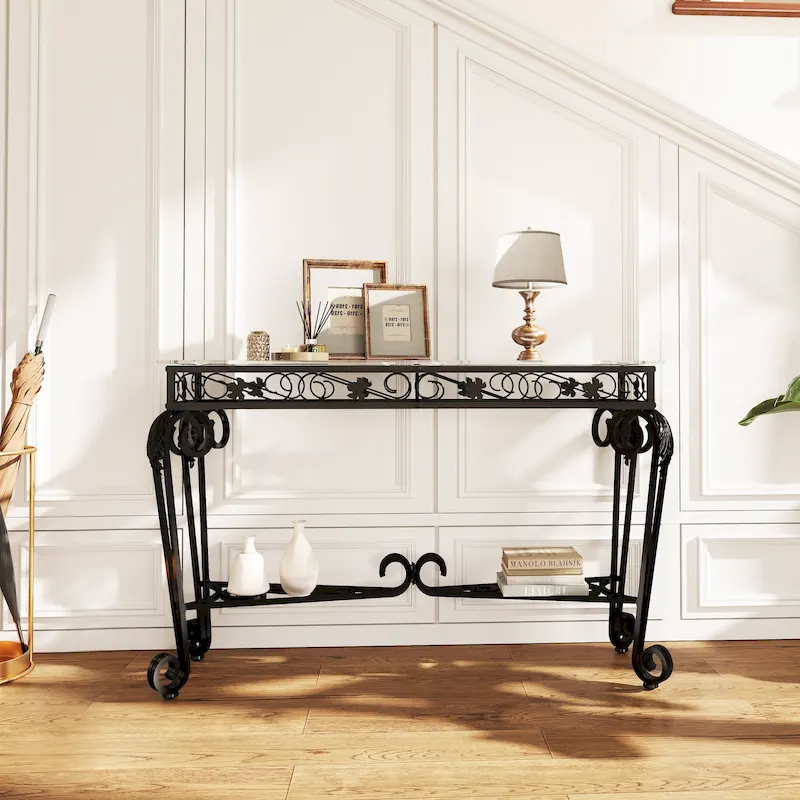 Modern Glass and Metal Console Table for Entryway with Storage and Easy Assembly