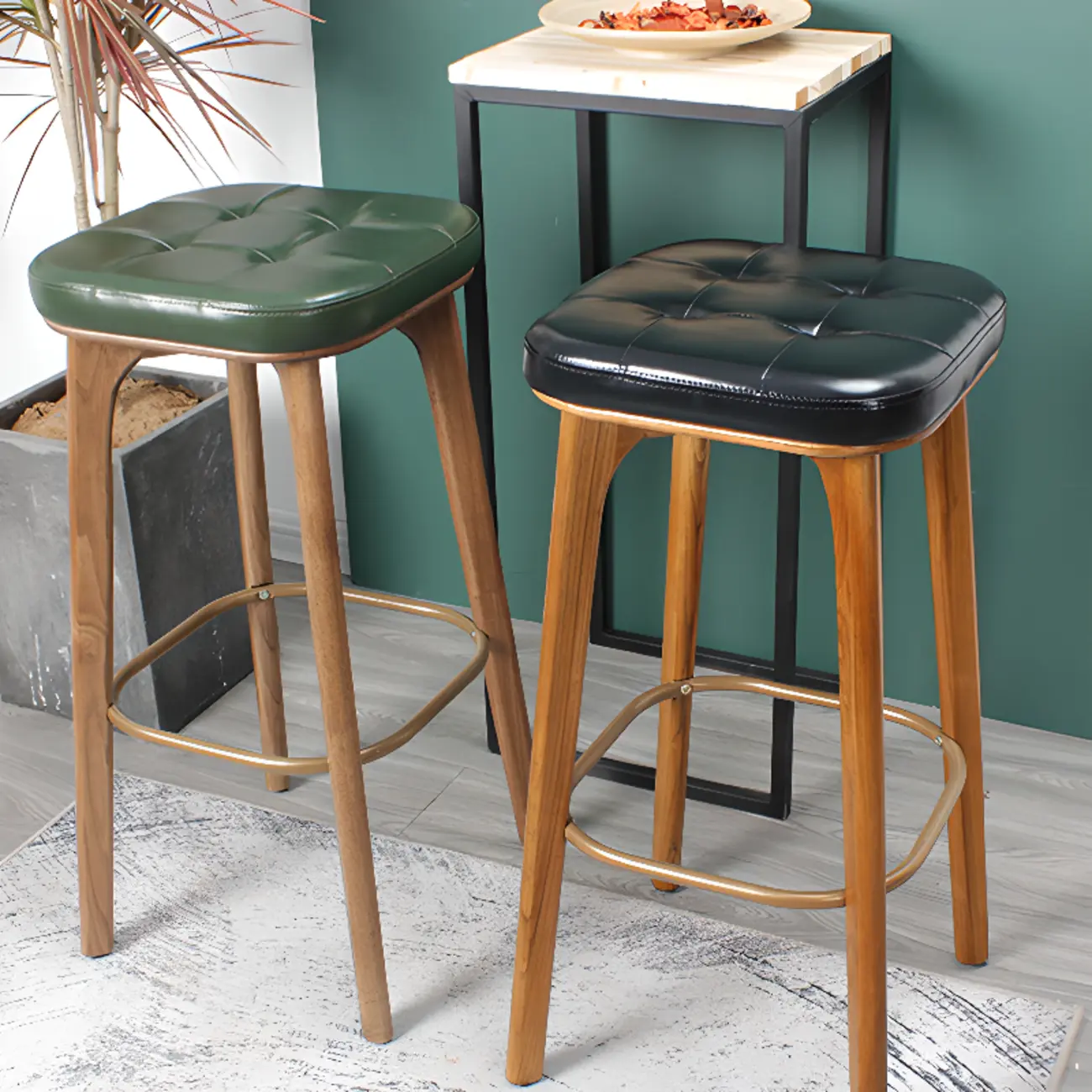 Scandinavian Wood Tufted Leatherette Bar Stools Backless