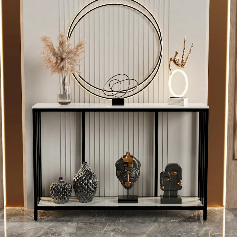 Black & White Sintered Stone Top 2-Tier Console Table with Metal Frame - Single Use