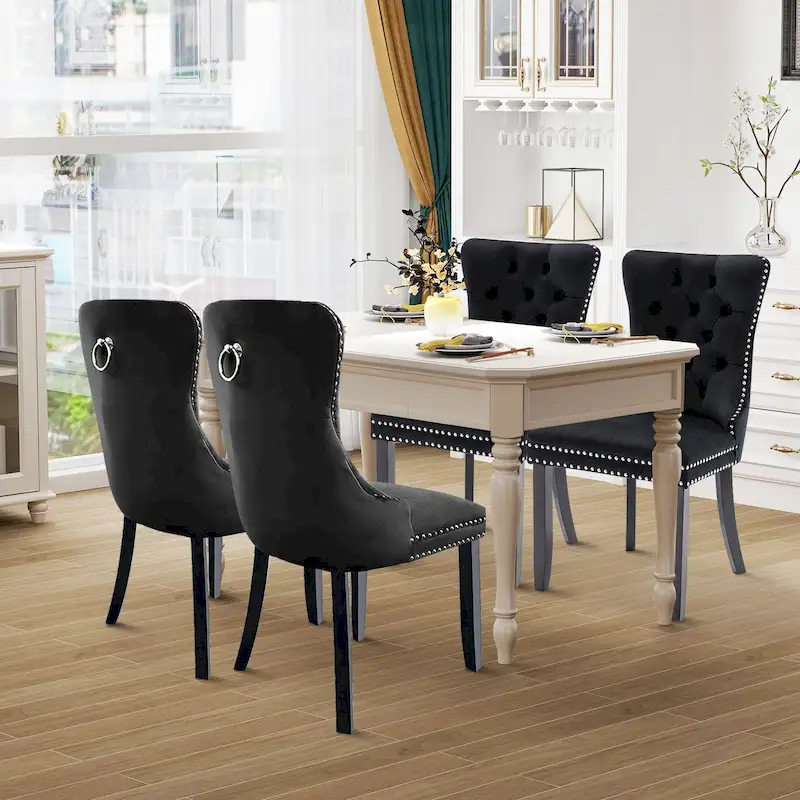 Upholstered Velvet Dining Chairs with Padded Seat Back and Solid Wood Legs (Set of 4)