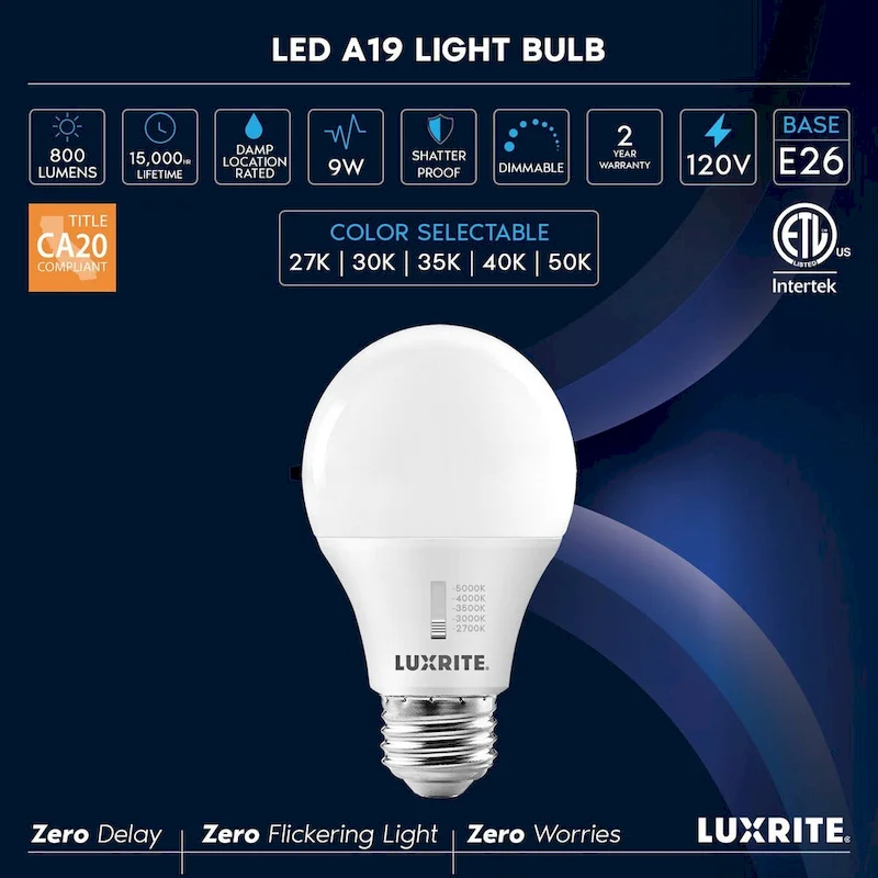 Luxrite A19 LED Light Bulb 60 Watt Equivalent CRI90 5CCT Dimmable 800LM 9W E26 Base ETL 12 Pack