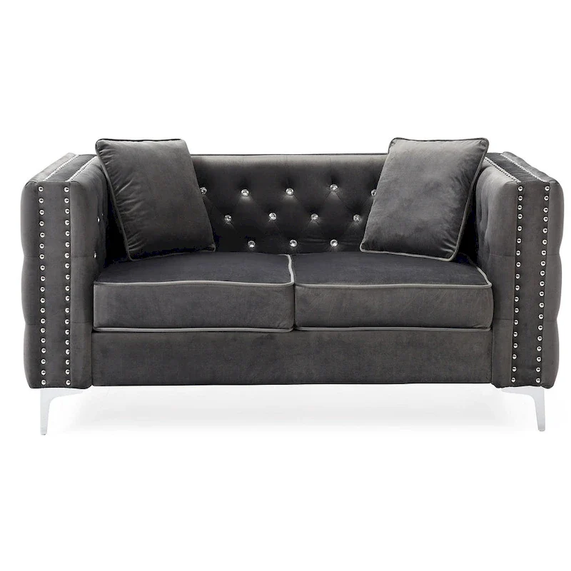 Tufted Nailhead Trim Velvet 2-Seater Sofa with Throw Pillows - 63  - Gray