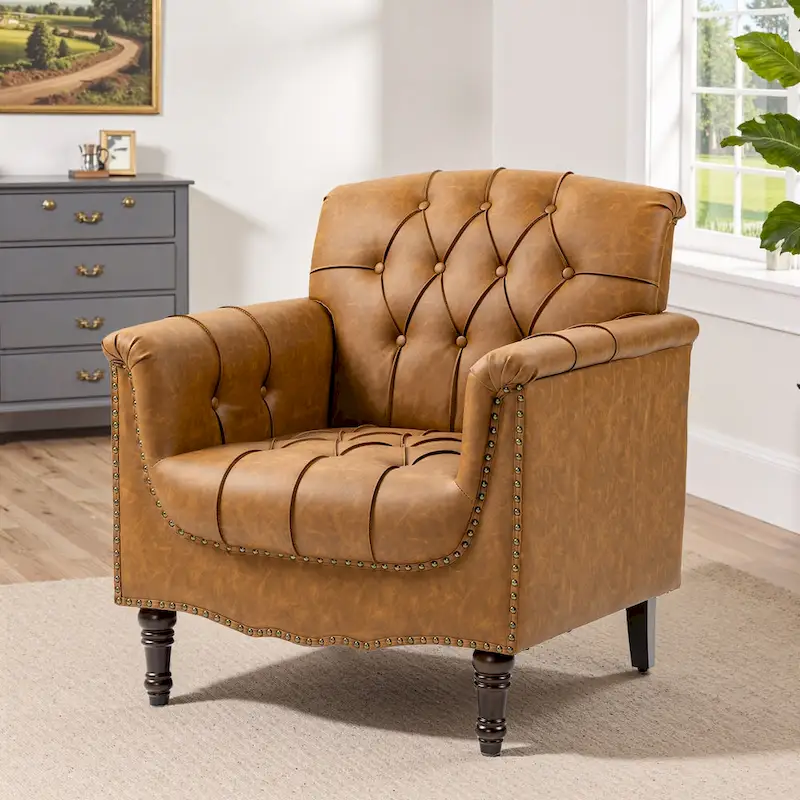 Brown / Black / Camel / Dark Red / Black Blue / Beige Tufted Accent Chair, Faux Leather, 1-Seater