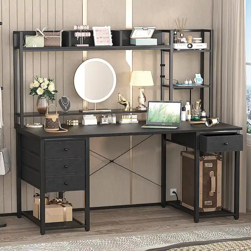 Gaming Desk with Hutch and Drawers, Office Computer Desk with Charge Station and LED Light