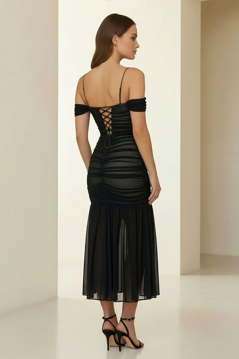 Black Spaghetti Straps Sheath Tulle Pleated Ankle Length Prom Dresses