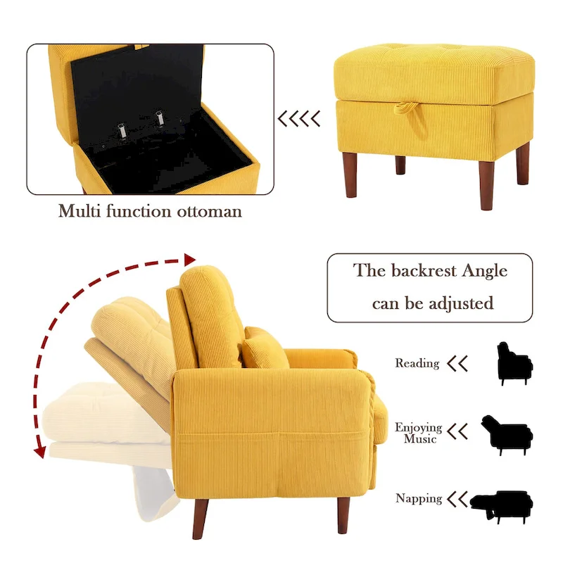 UIXE Modern Lounge Chair Accent Chair and Stroage Ottoman With Adjustable Backrest