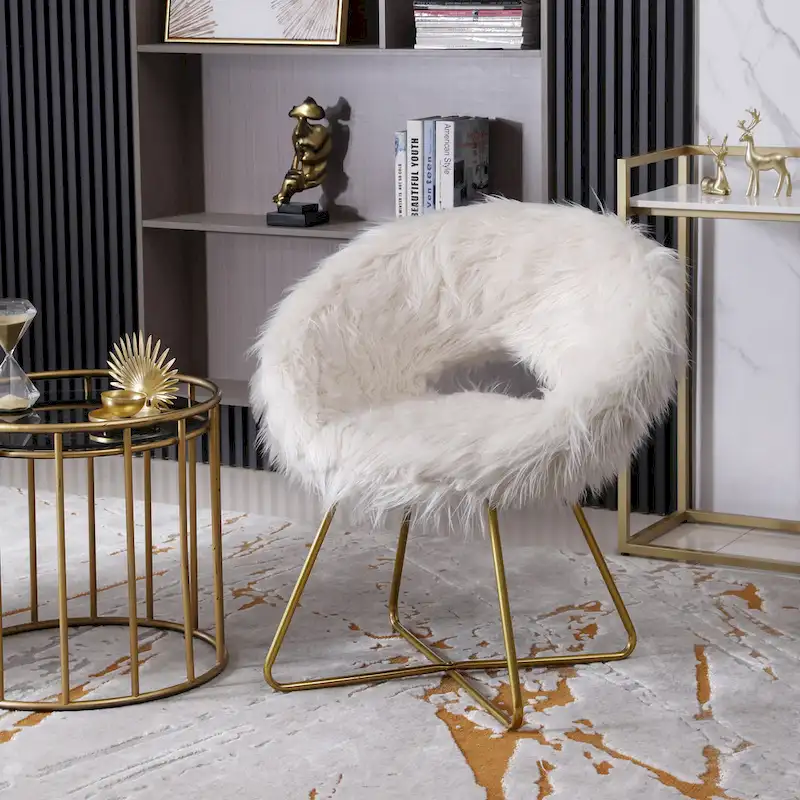 White Faux Fur Barrel Accent Chair, Gold Sled Base, Single Seat