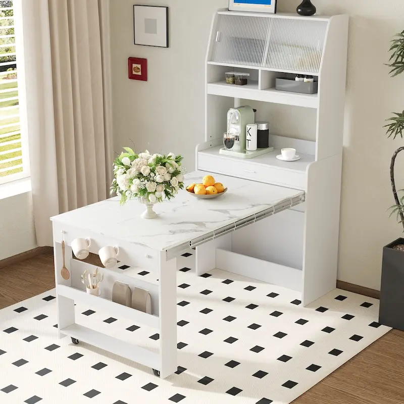 Multifunctional Cupboard Buffet with Storage Shelf,Side Hooks,Hutch and Foldable Dining Table