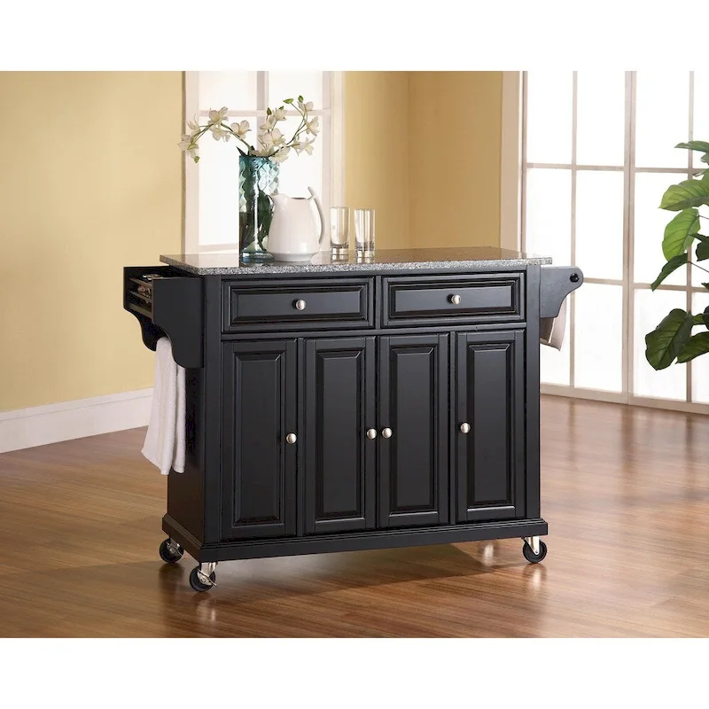 Black Solid Granite Top Kitchen Cart/Island - 18d x 51.5w x 36h