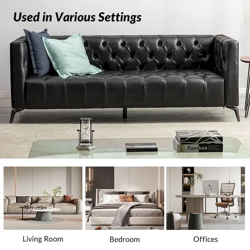 Transitional Genuine Leather Sofa with Metal Legs and Tufted Back