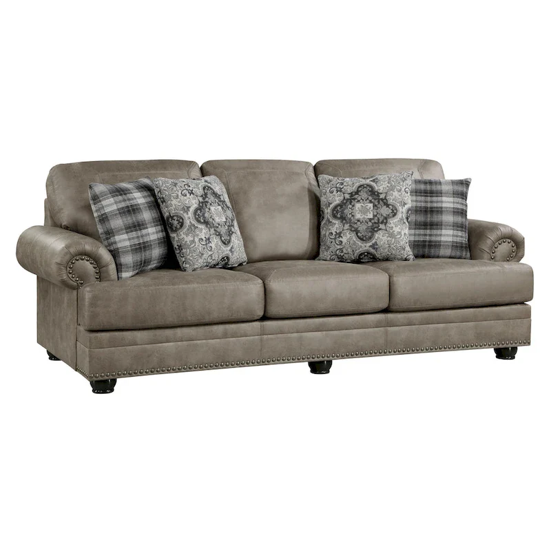 Taupe Brown & Espresso Brown 3-Seat Rolled Arm Nailhead Sofa