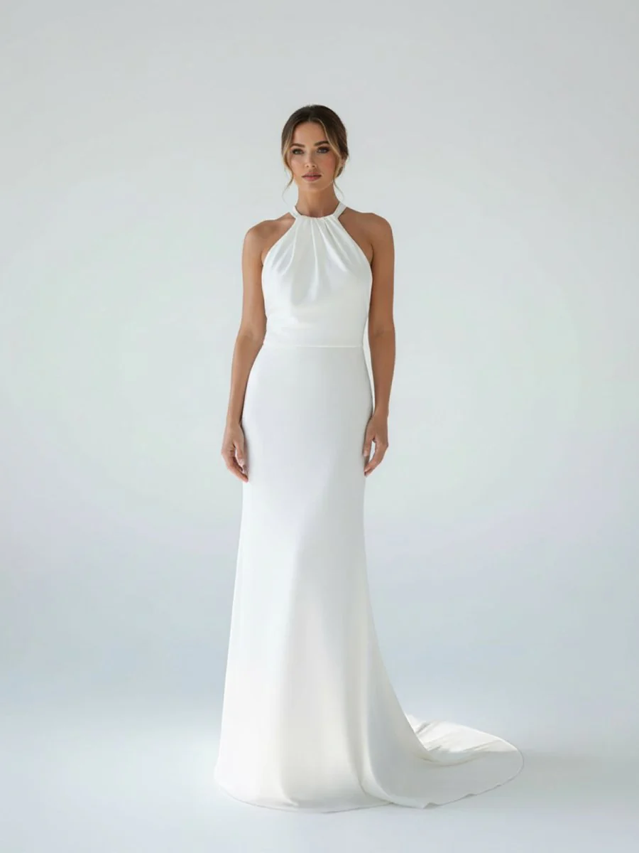 Sheath Satin Backless Halter Wedding Dress