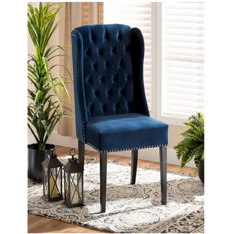 Navy Blue Velvet Button-Tufted Wingback Dining Chair
