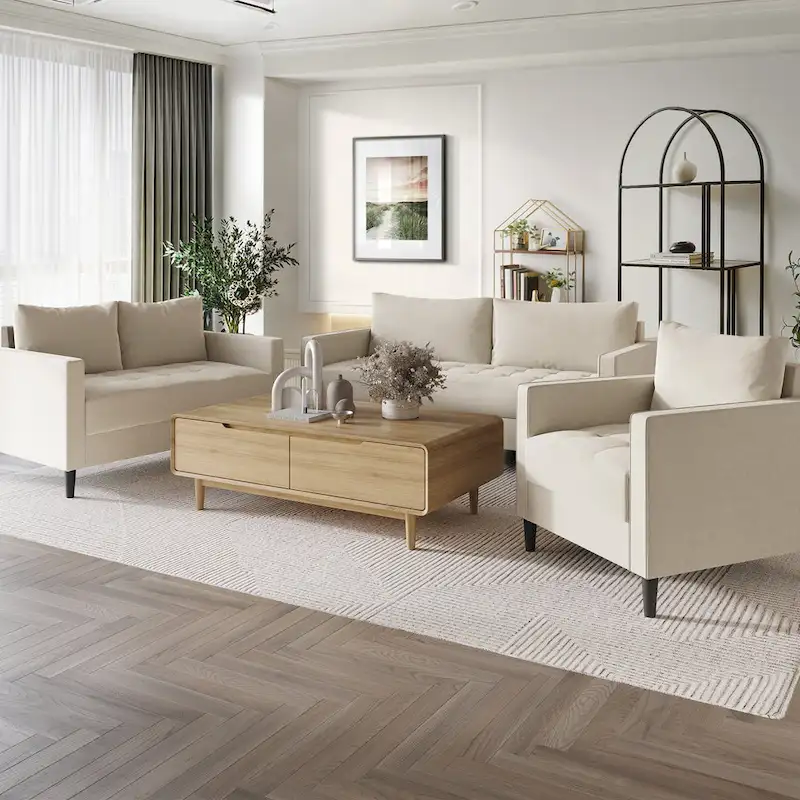 Contemporary Minimalist Linen Upholstered 3-Piece Living Room