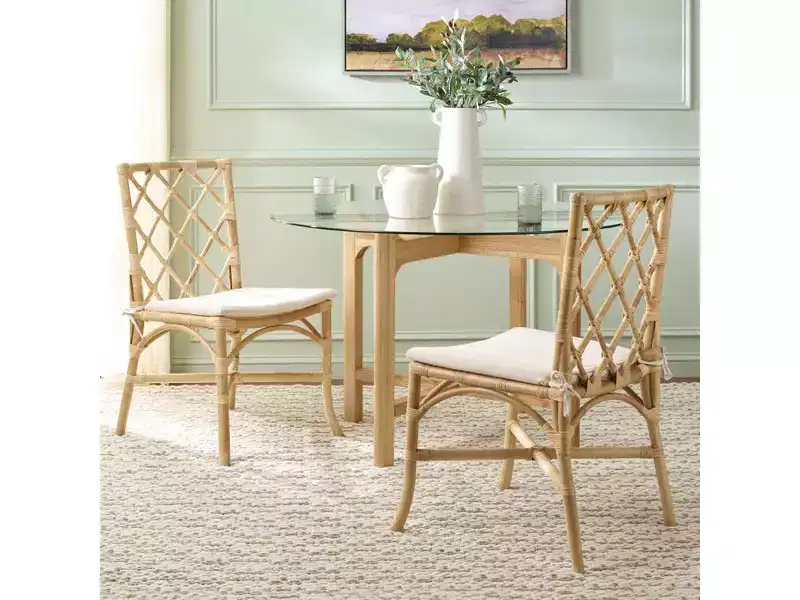Rattan Dining Chair with Removable Cream Cushion, Natural Finish, Armless — 2-Pack