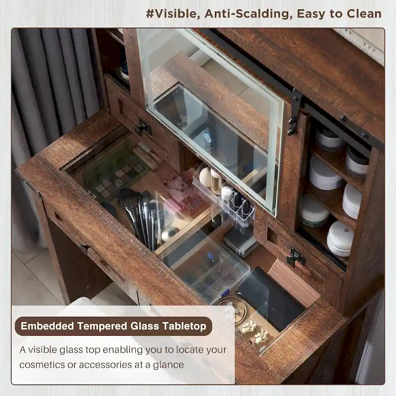 Farmhouse Makeup Vanity Desk, Vanity Dressing Table, Stool Included