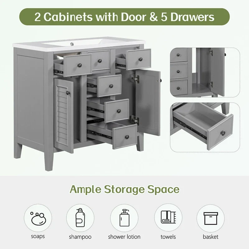 Bathroom Vanity with Ceramic Basin, Two Cabinets and Five Drawers