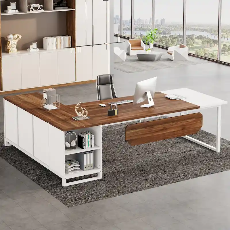 L-Shaped Computer Desk with File Cabinet | White/Black/Grey/Beige | 2-Person