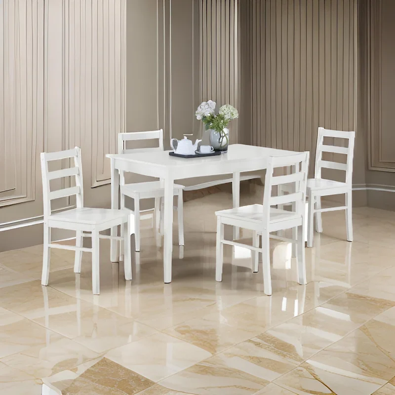 5 Piece Dining Table and 4 Chair Set, Open Backs, White Solid Wood