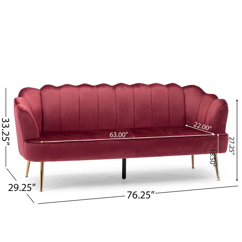 Velvet Channel Stitched 3-Seater Sofa with Gold Metal Legs