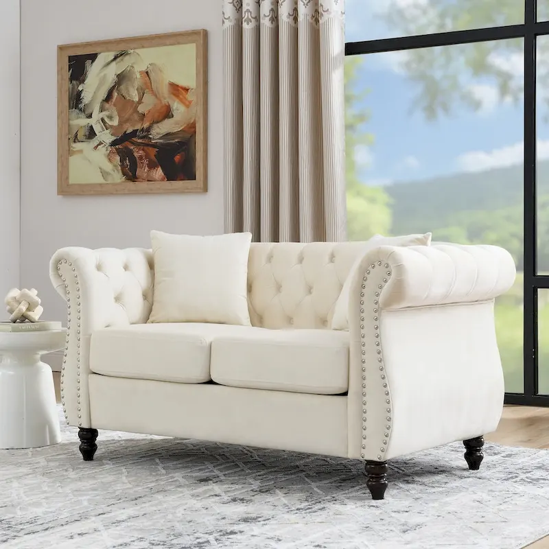 Velvet Chesterfield Loveseat Sofa, Rolled Arms, Nailhead Trim