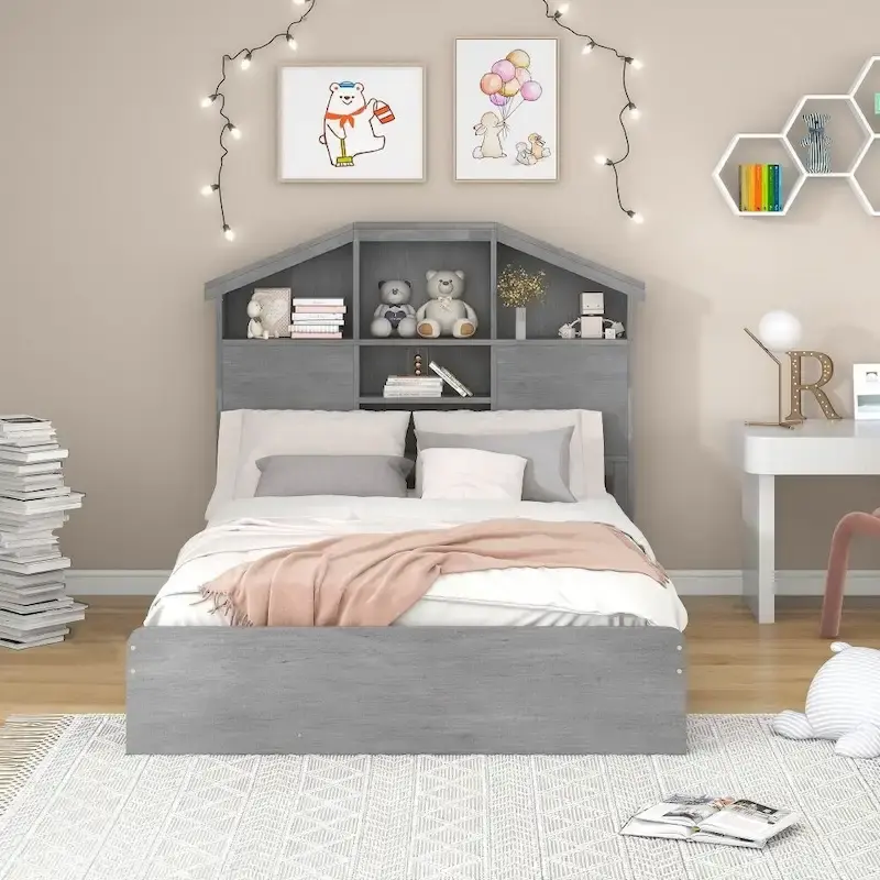 Grey / Walnut Full Size Platform Bed with House-Shaped Storage Headboard & 2 Drawers, 1-Person