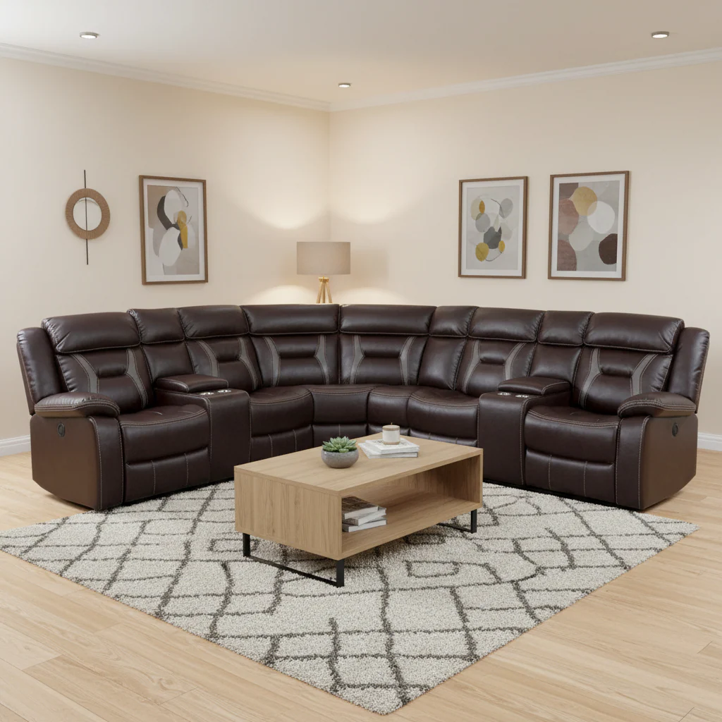 Brown Reversible Power Reclining Sectional Sofa, 3-Seat, Faux Leather