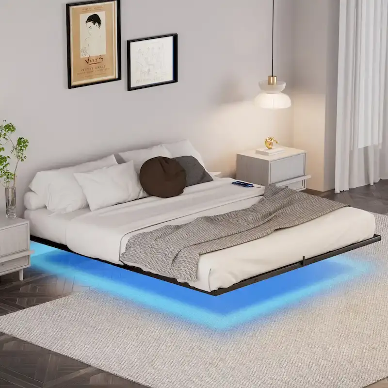 Modern Floating Bed with LED Lights, Charging Station & Metal Frame