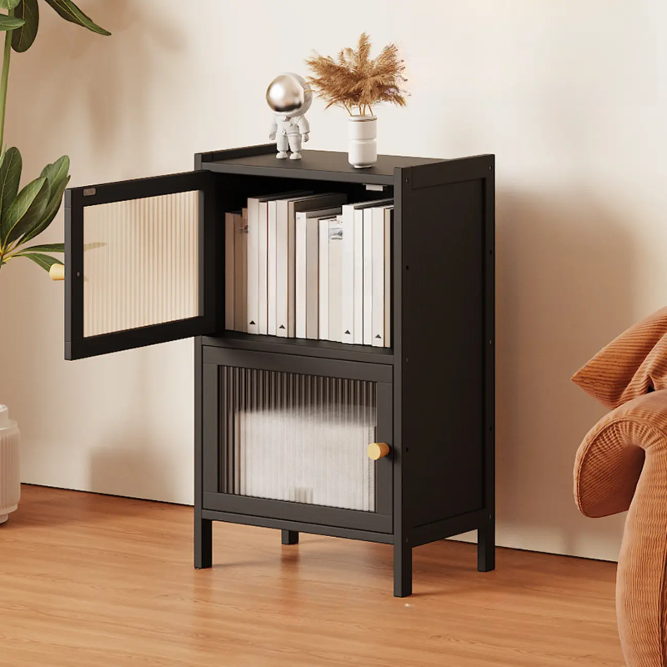 Slim Vertical Black Glass Doors Wooden Tall Bookcase