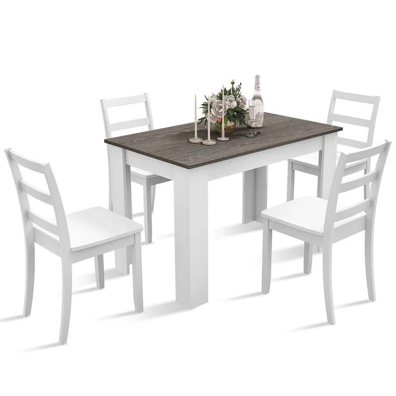 Costway 5 PCS Dining Set Modern Rectangle Table & 4 Rubber Wood Chairs
