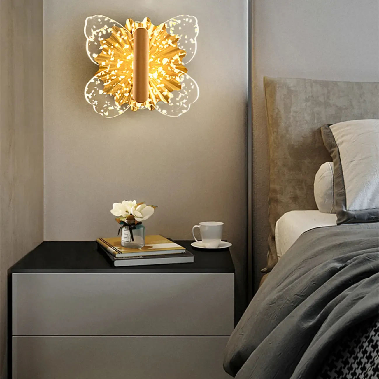 Dimmable Crystal Butterfly Wall Sconce for Bedroom Decor