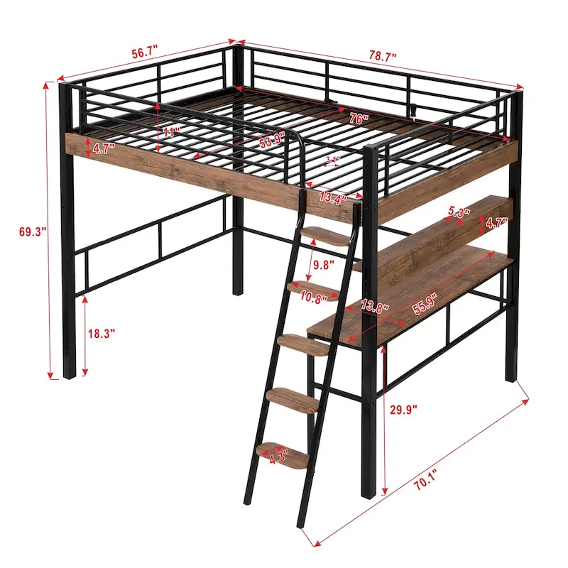 Black Full-Size Metal Loft Bed with Desk, Single