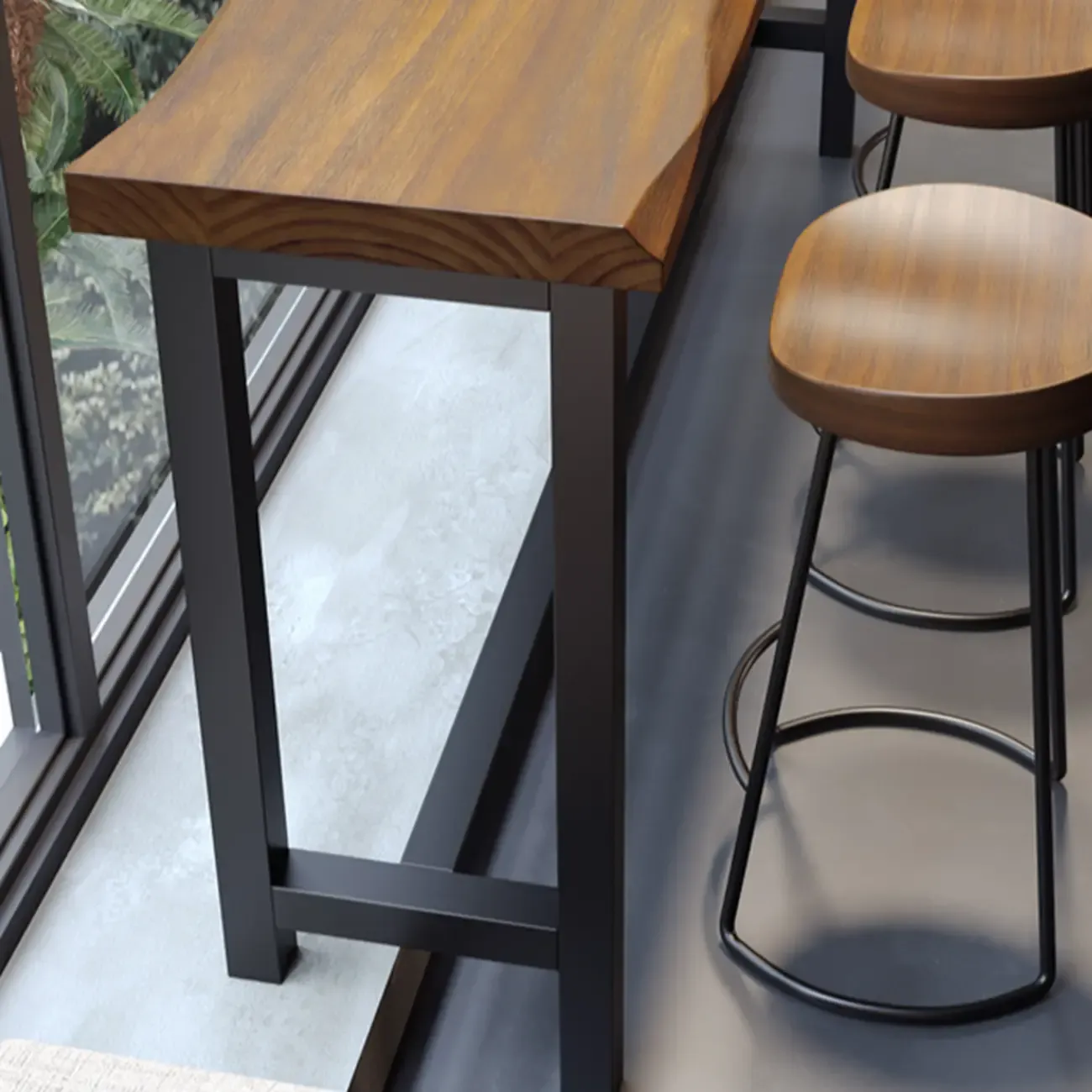 Modern Brown Wooden Grain Iron Trestle Bar Tables