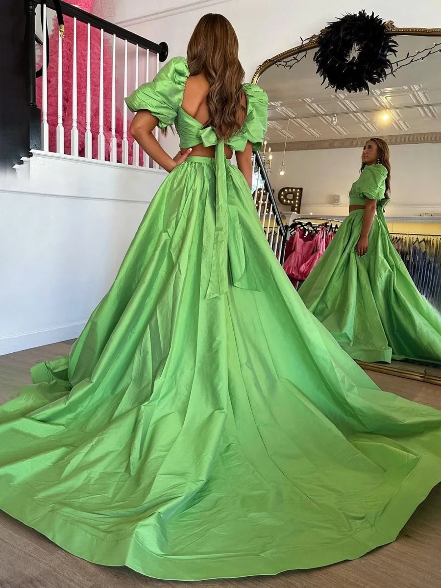 Green Two-Piece Puff Sleeves Long Prom Dress With Split