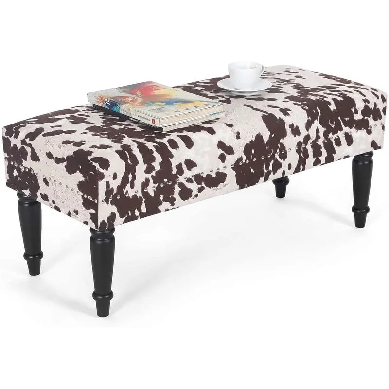 Adeco Cow Print Fabric Rectangular Bench Ottoman