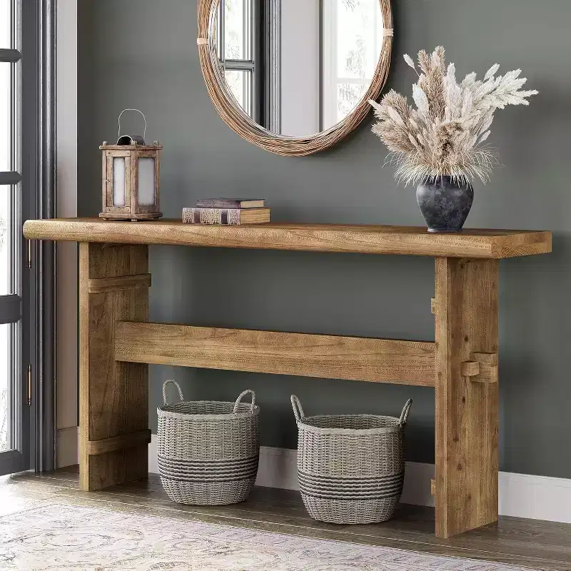 Lantine Solid Wood Console Table for Entryway, 63-Inch Long Farmhouse Sofa Table Behind Couch, for Foyer, Hallway, Living Room,Brown